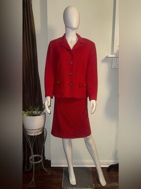 Women's Red Checked Two-Piece Blazer and Skirt Set